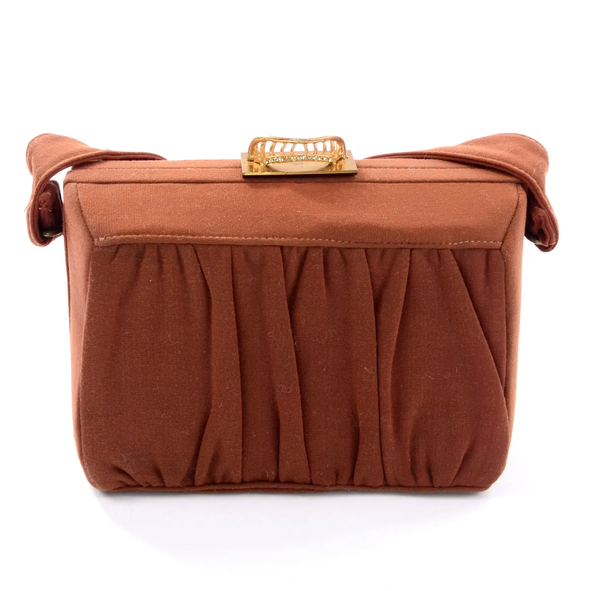 1940's Brown Fabric Box Handbag w/ Gold Crown Snap Closure