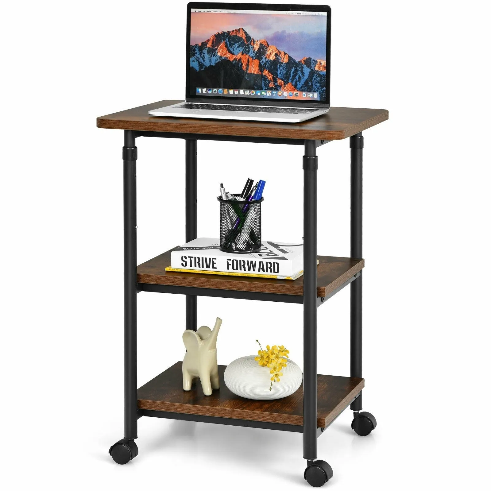 3-tier Adjustable Printer Stand with 360-degree Swivel Casters - Brown