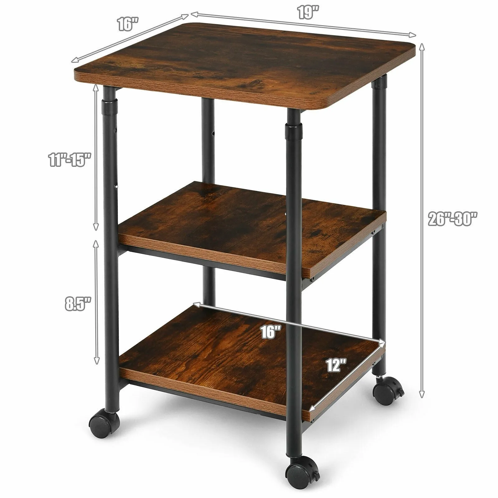 3-tier Adjustable Printer Stand with 360-degree Swivel Casters - Brown