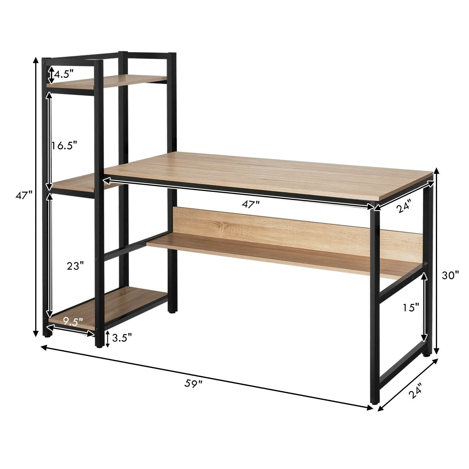 59" Home Computer Desk with 4-Tier Storage Shelves - Natural