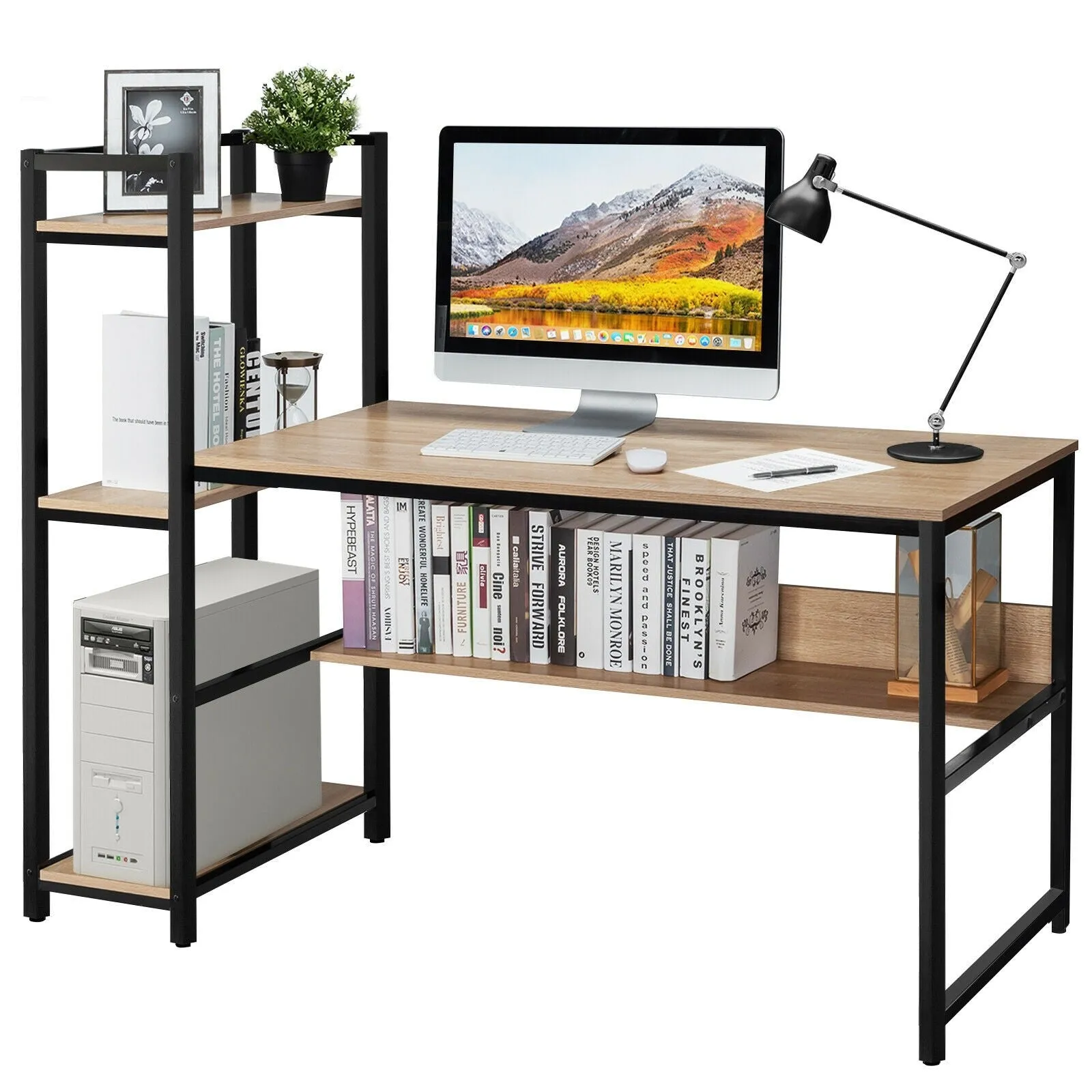 59" Home Computer Desk with 4-Tier Storage Shelves - Natural