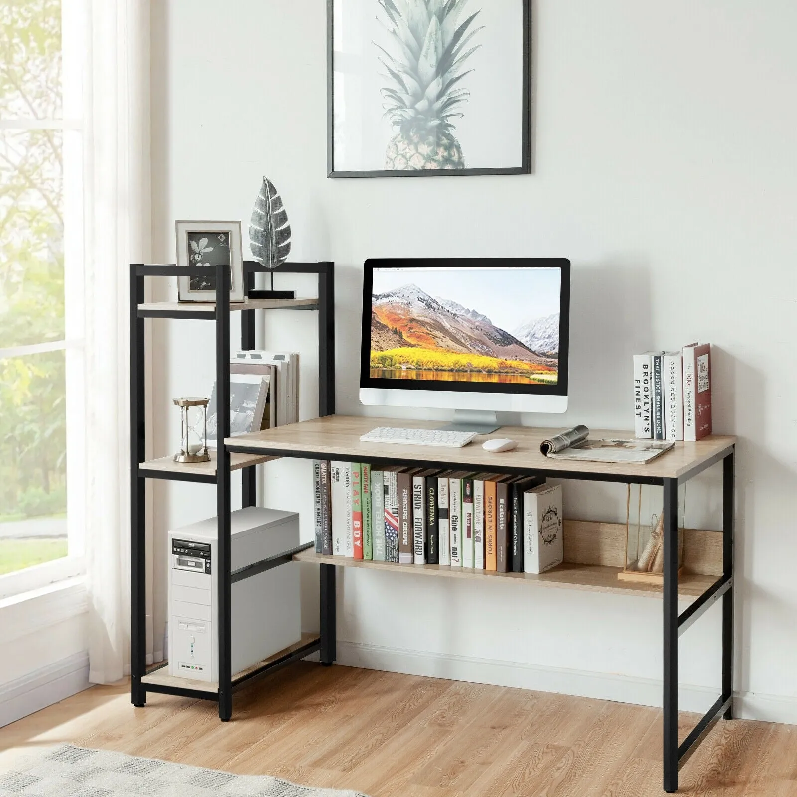 59" Home Computer Desk with 4-Tier Storage Shelves - Natural