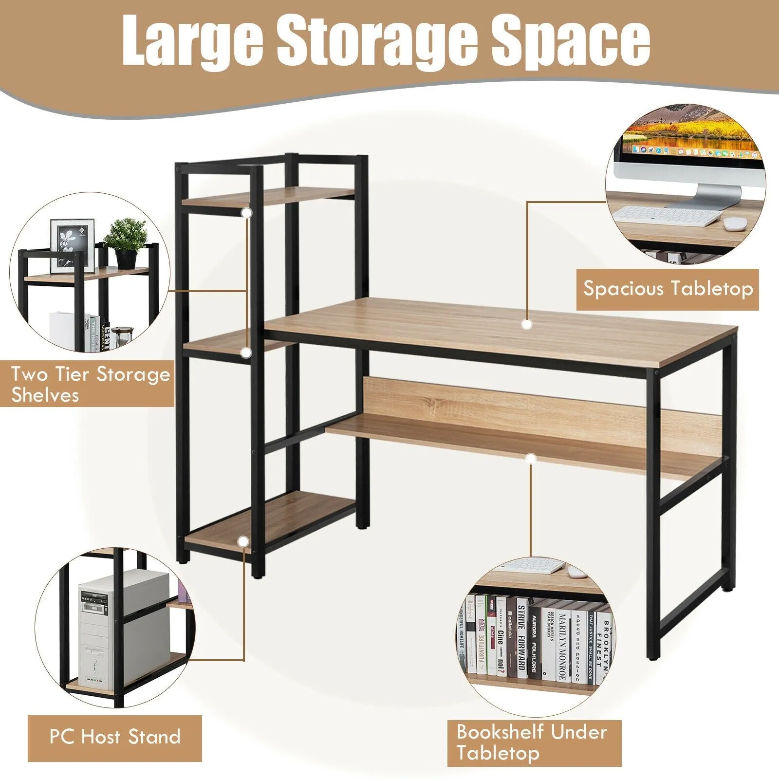 59" Home Computer Desk with 4-Tier Storage Shelves - Natural