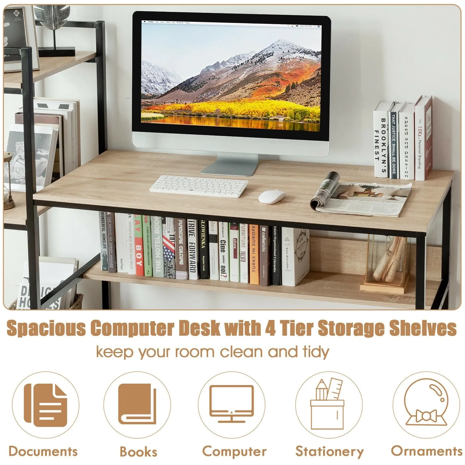 59" Home Computer Desk with 4-Tier Storage Shelves - Natural