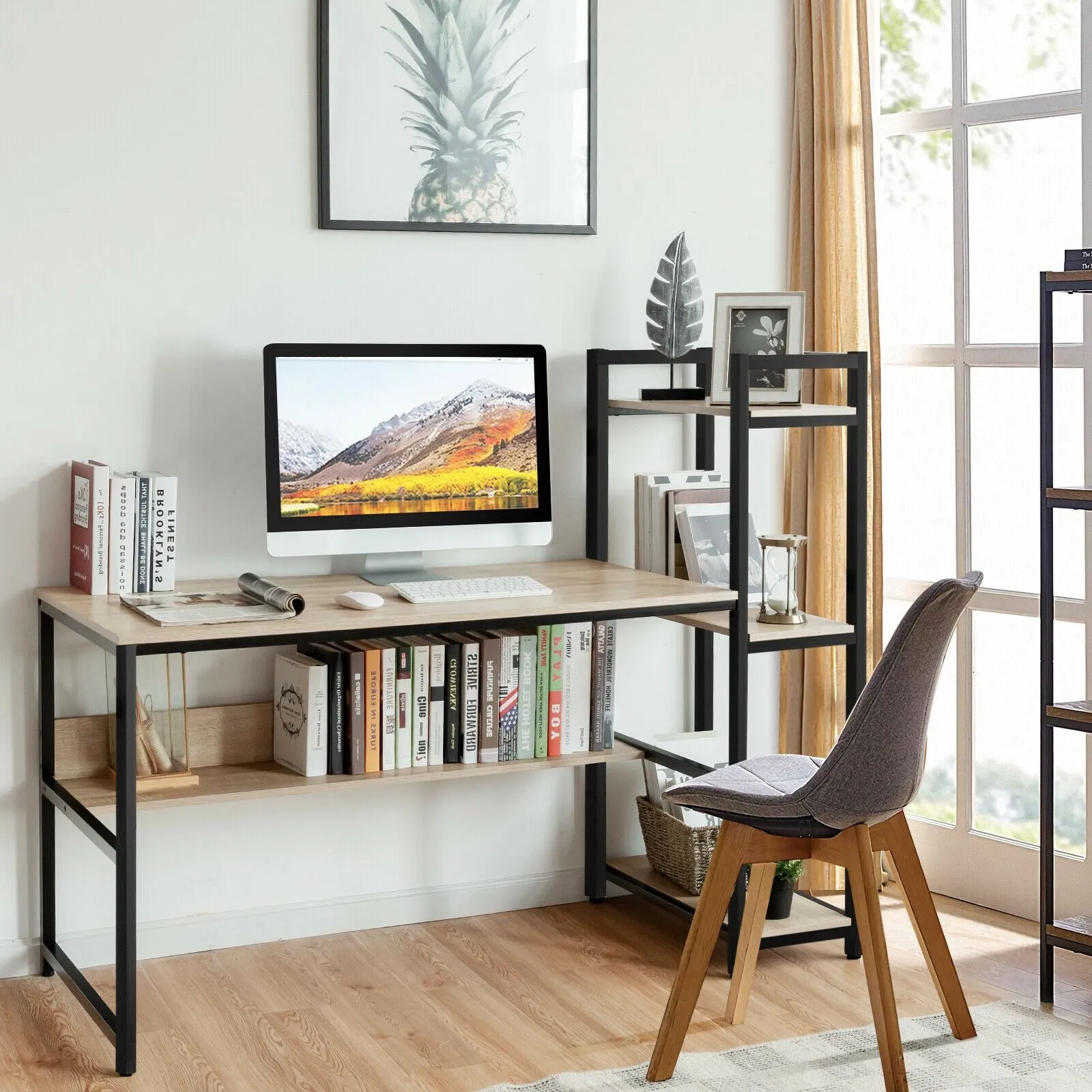 59" Home Computer Desk with 4-Tier Storage Shelves - Natural