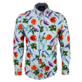 Baijieli Floral Sunflower Long Sleeve Slim Fit Button Up-Brown-Sky Blue