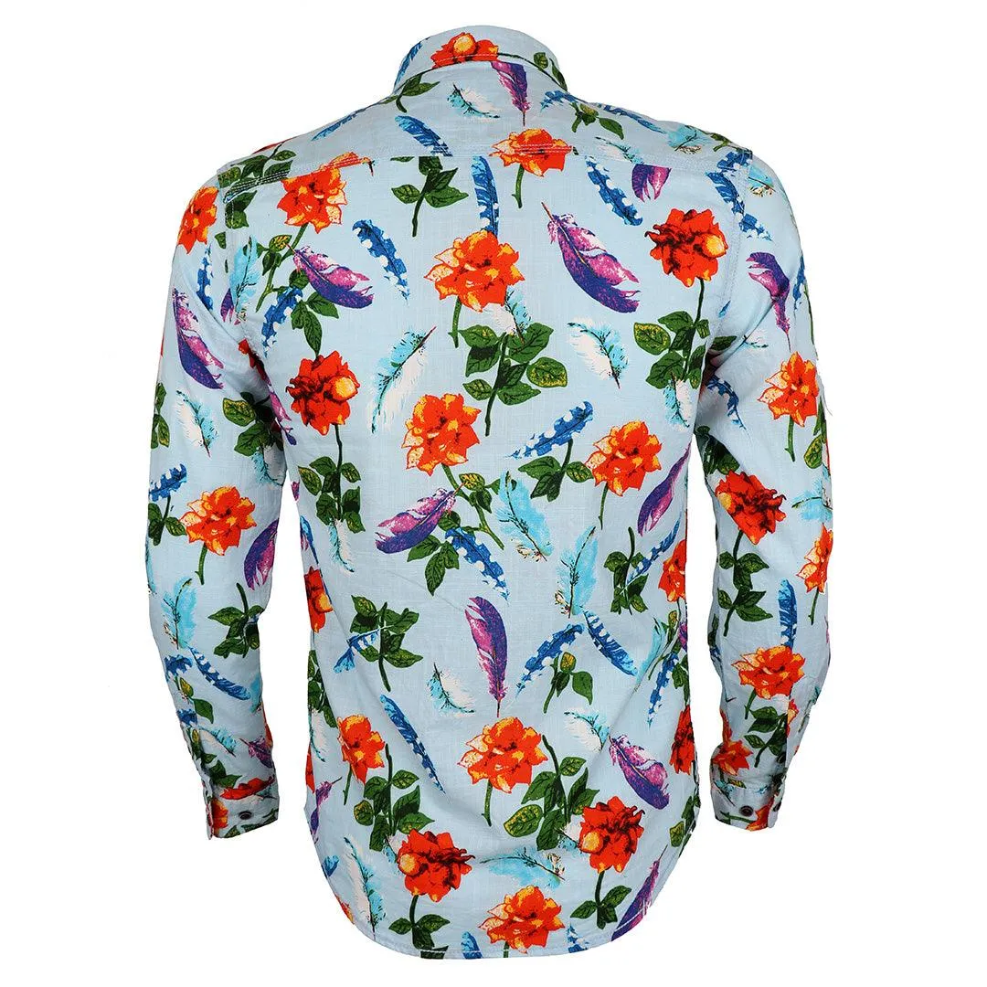 Baijieli Floral Sunflower Long Sleeve Slim Fit Button Up-Brown-Sky Blue