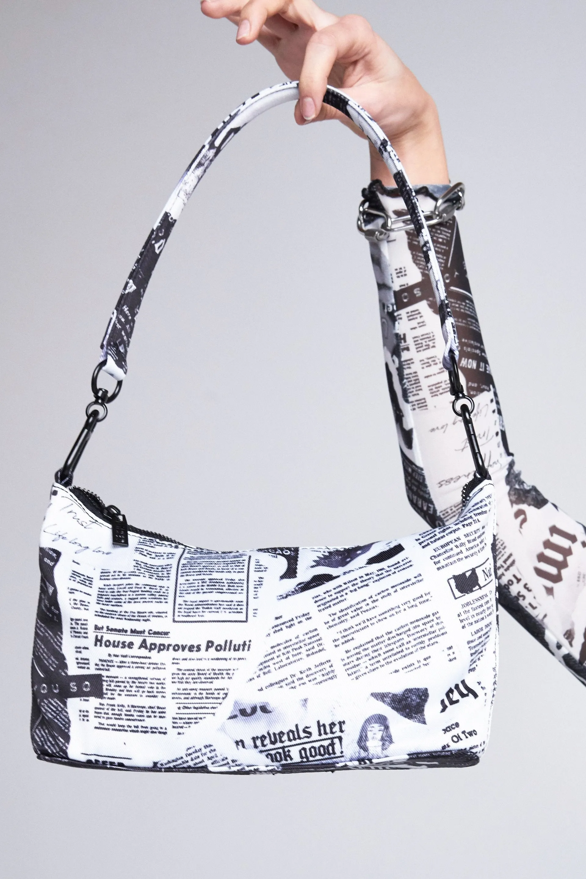 Black & White Newspaper Print Shoulder Bag