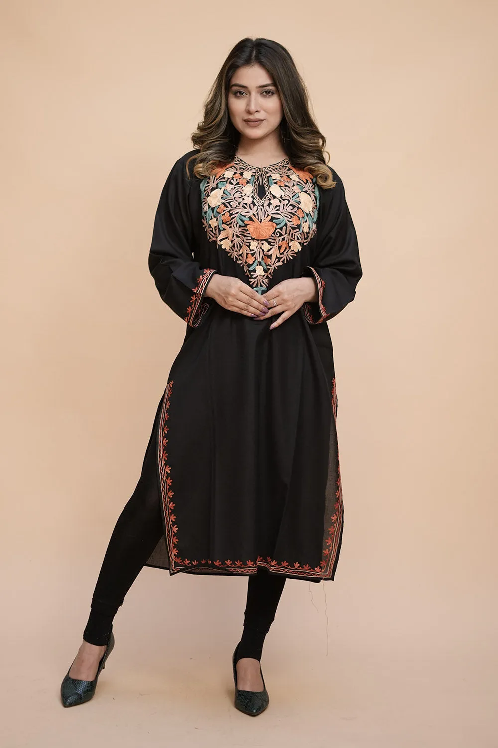 Black Colour Cotton Kurti With Kashmiri Motifs With Latest Fashion Trend.