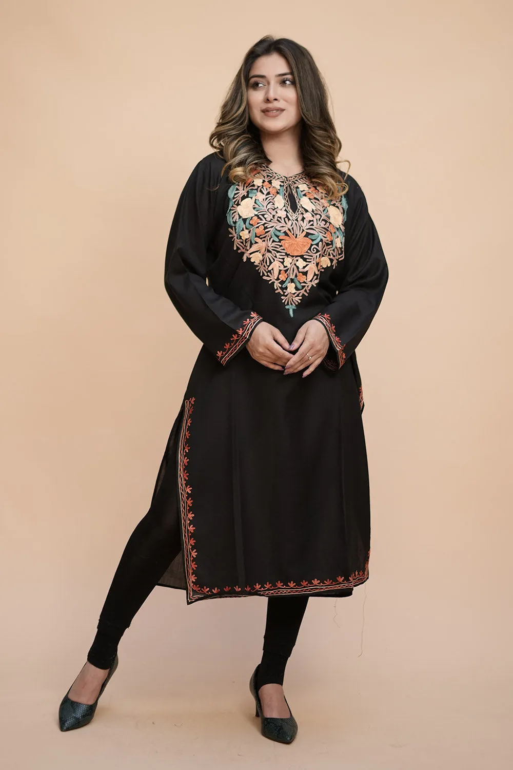 Black Colour Cotton Kurti With Kashmiri Motifs With Latest Fashion Trend.