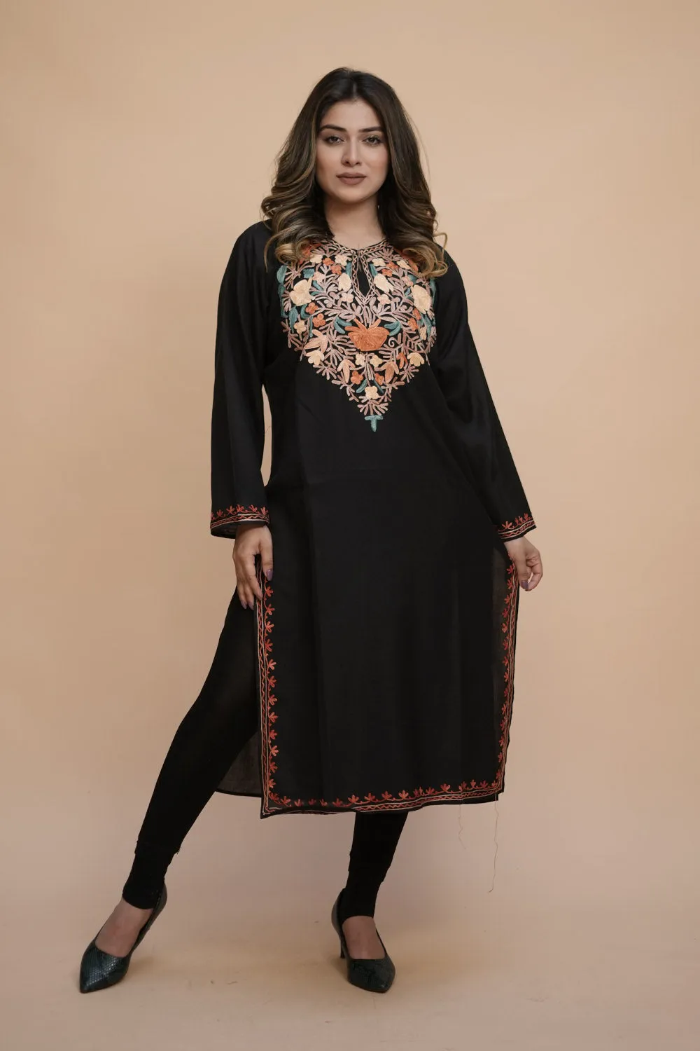 Black Colour Cotton Kurti With Kashmiri Motifs With Latest Fashion Trend.