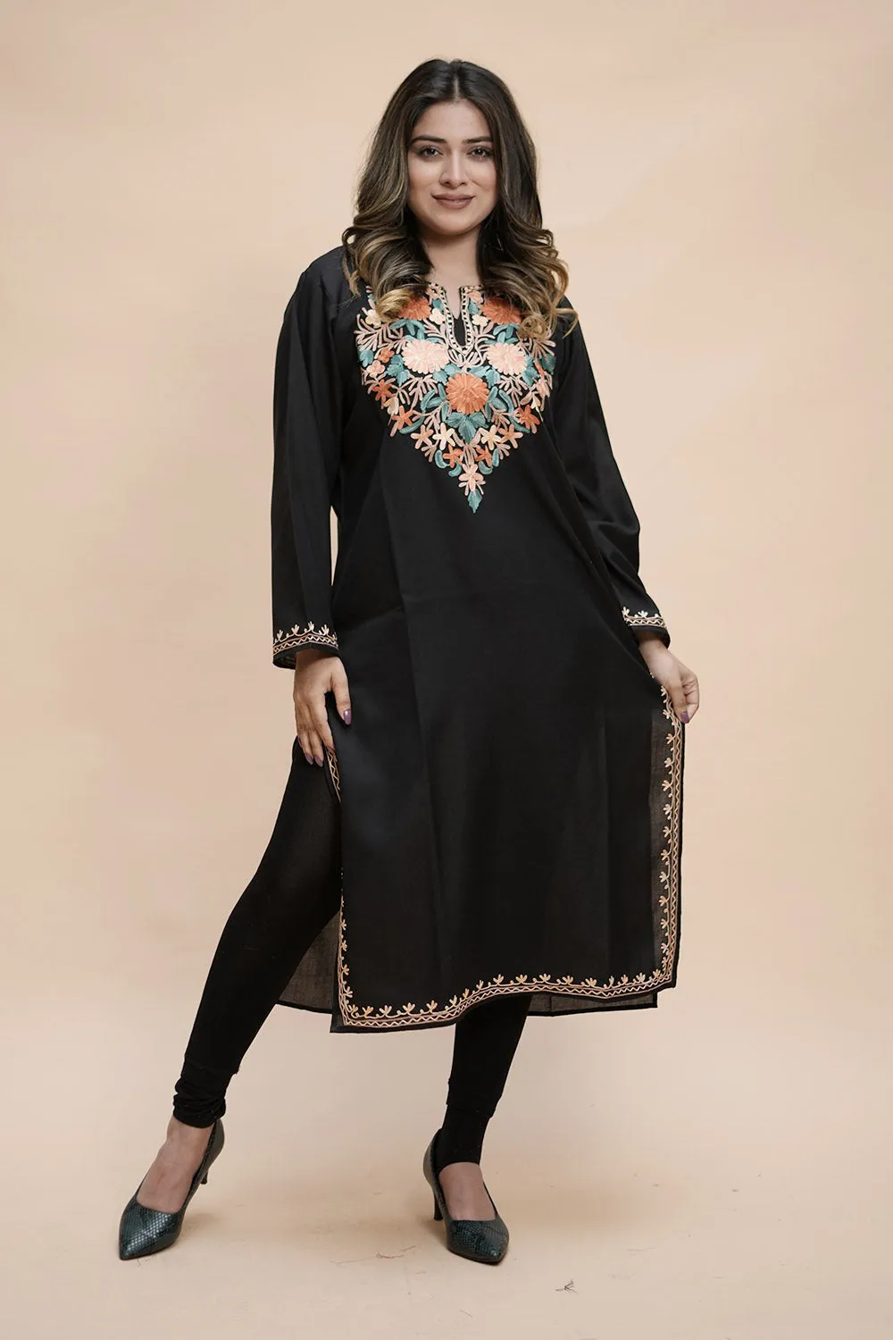 Black Colour Cotton Kurti With Kashmiri Motifs With Latest Fashion Trend.