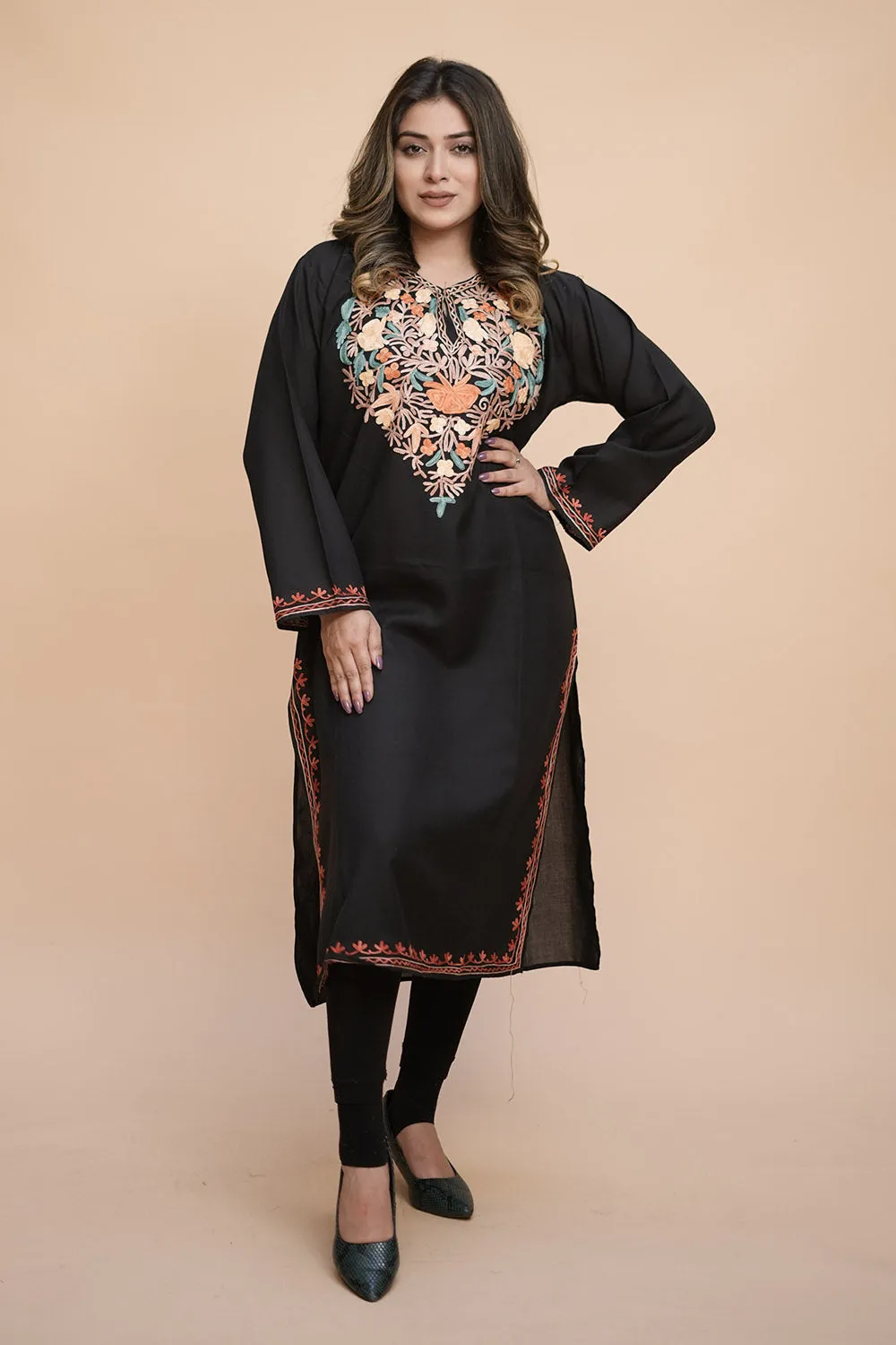 Black Colour Cotton Kurti With Kashmiri Motifs With Latest Fashion Trend.