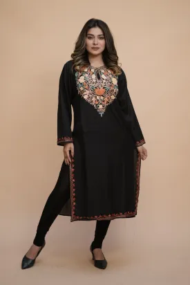 Black Colour Cotton Kurti With Kashmiri Motifs With Latest Fashion Trend.