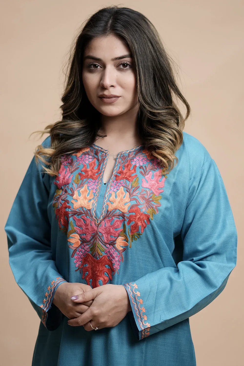 Blue Colour Cotton Kurti With Kashmiri Motifs With Latest Fashion Trend.