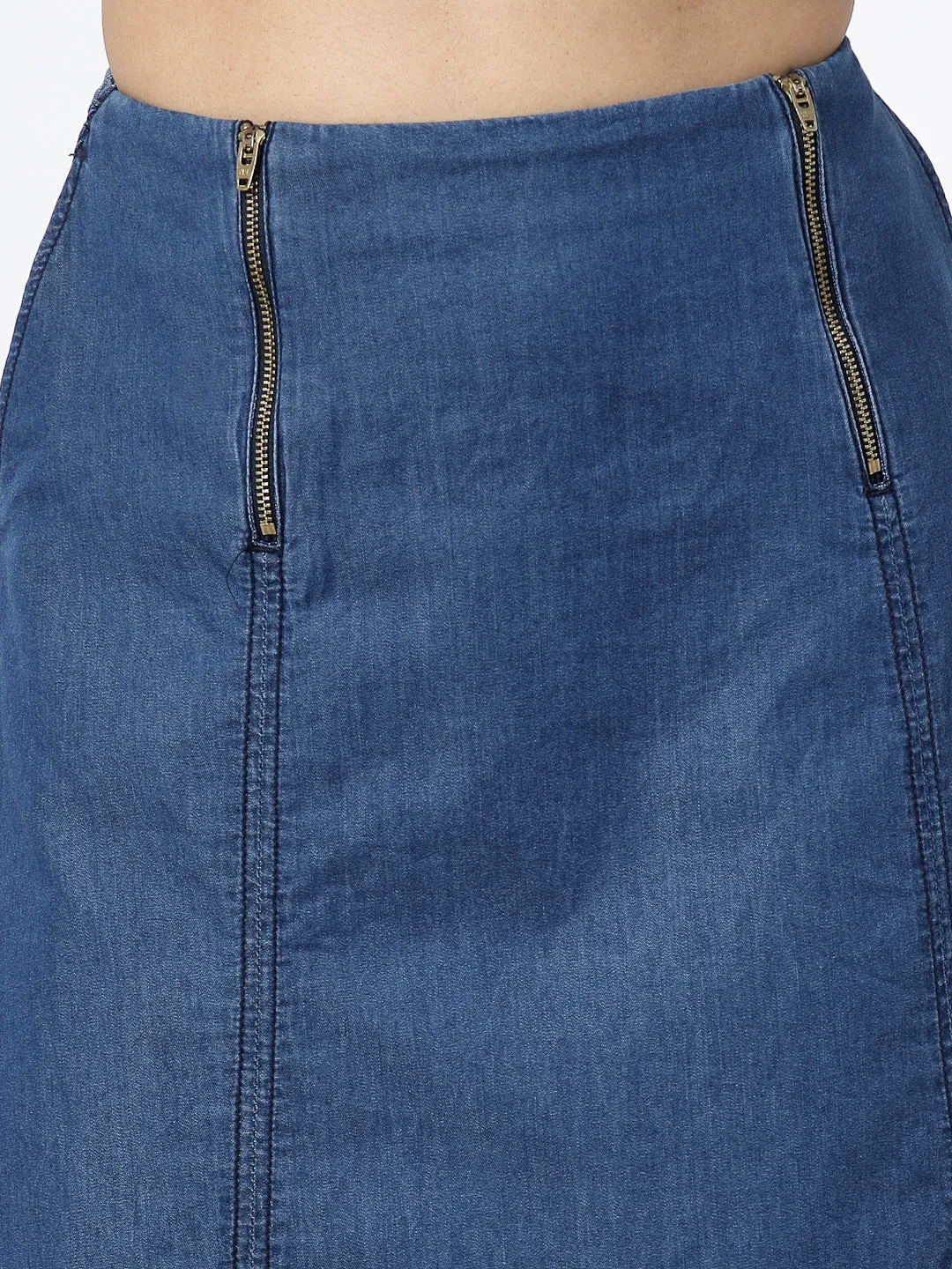 Blue Solid Denim Midi Skirt with Zippers and Waist Smoking