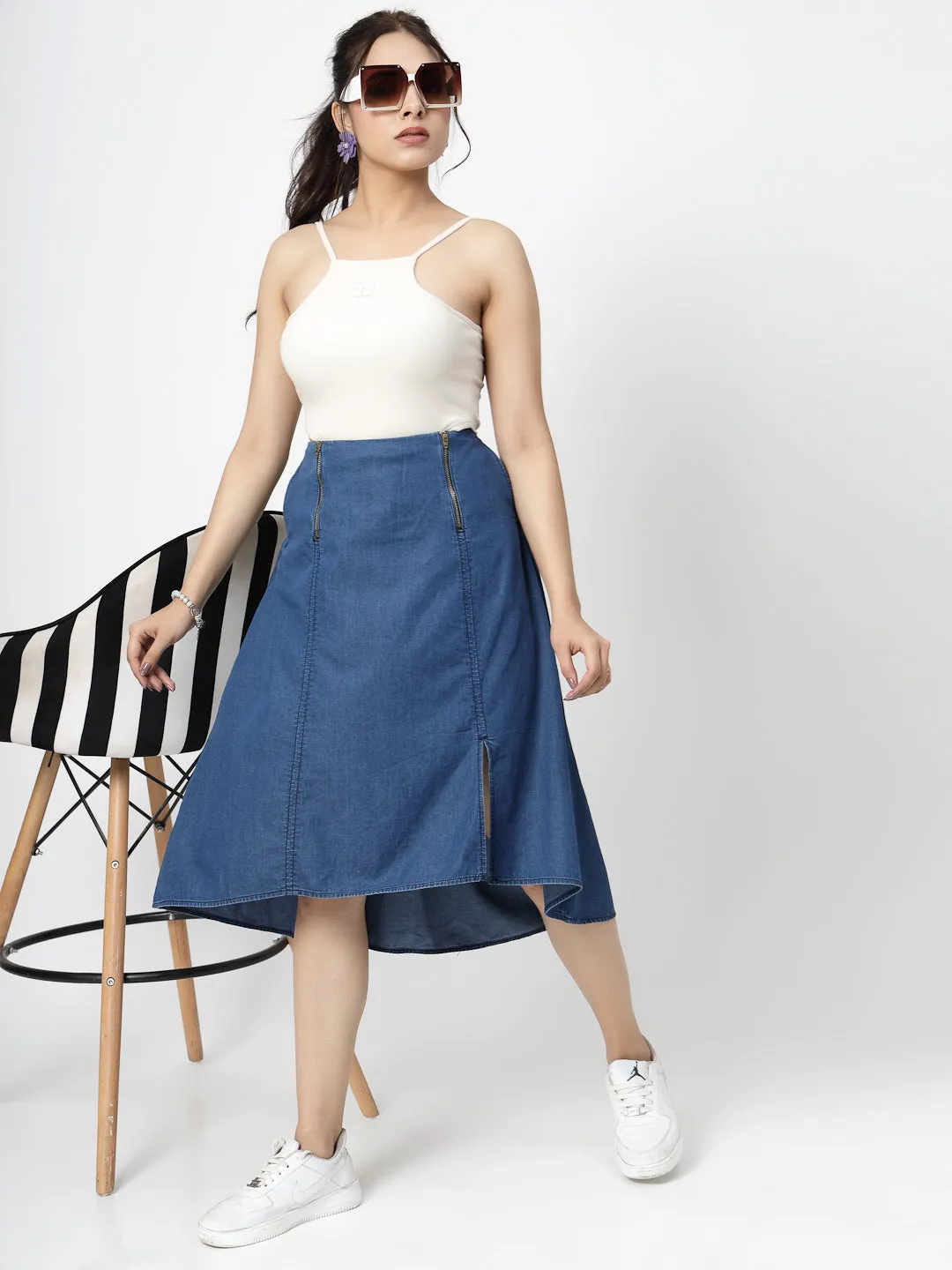 Blue Solid Denim Midi Skirt with Zippers and Waist Smoking