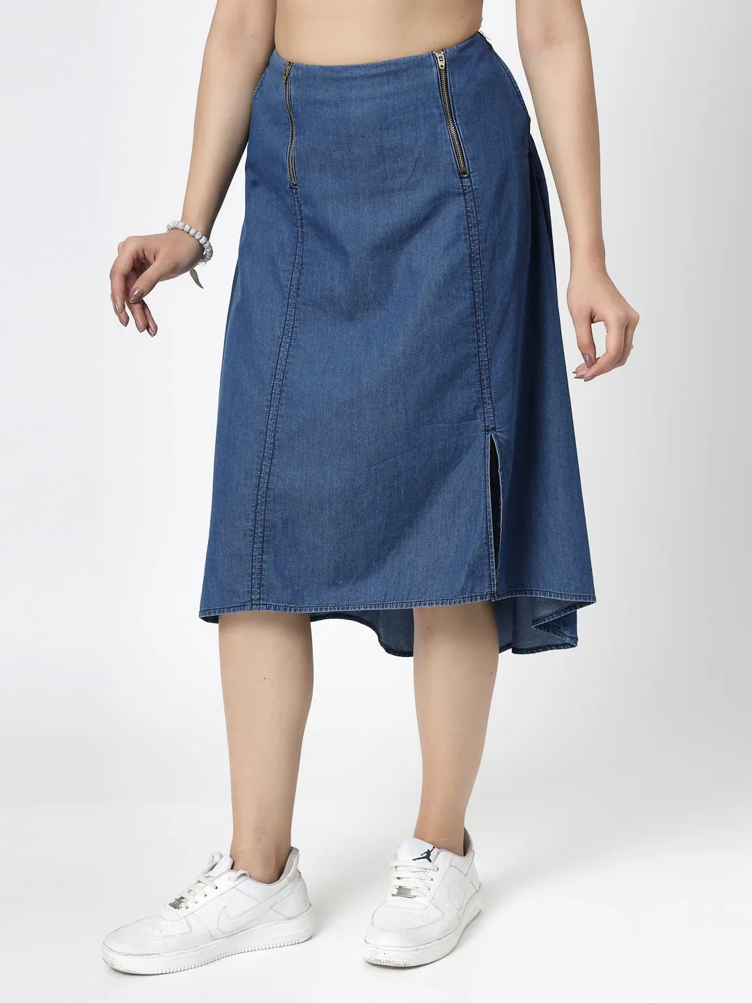 Blue Solid Denim Midi Skirt with Zippers and Waist Smoking