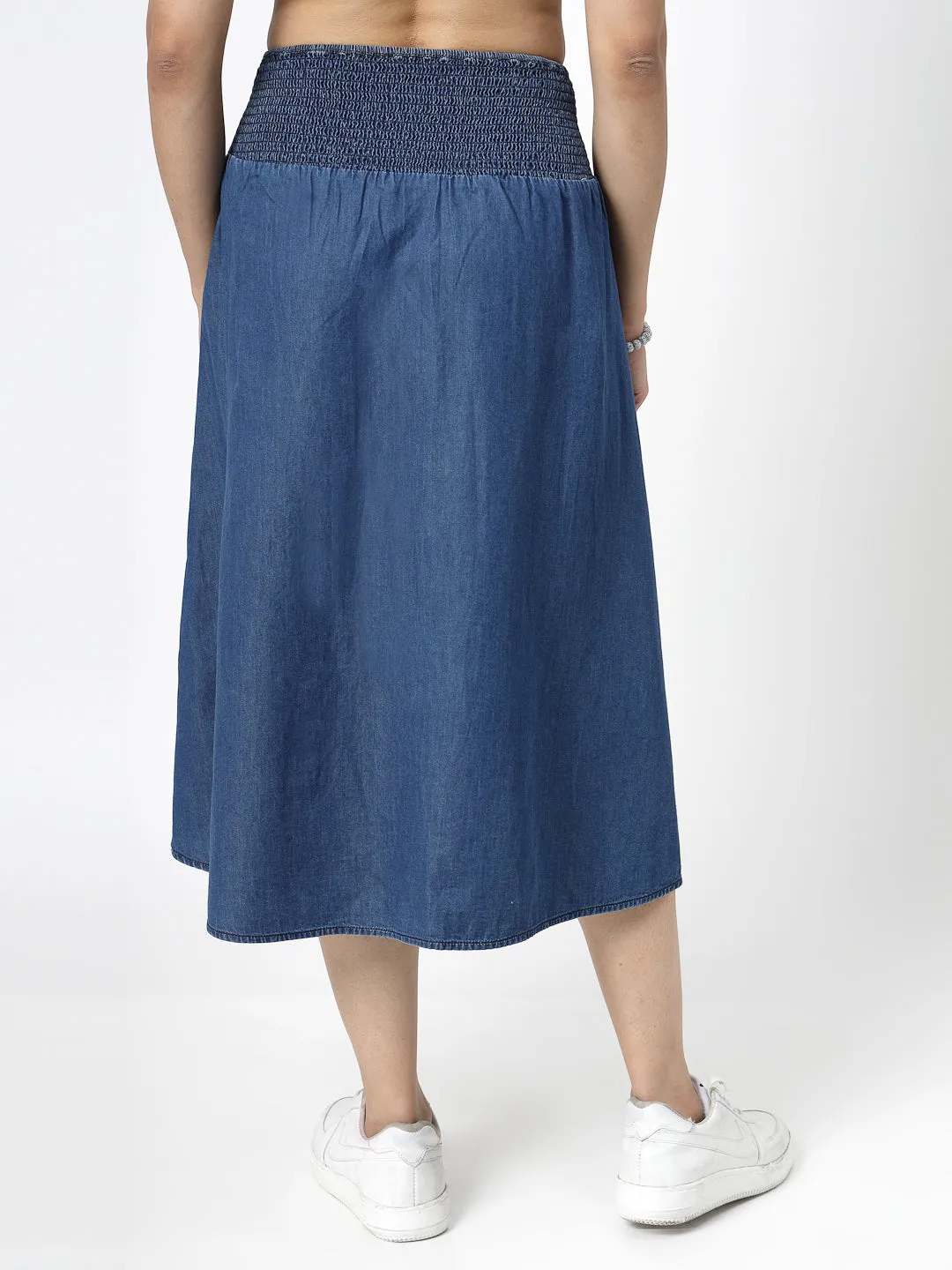 Blue Solid Denim Midi Skirt with Zippers and Waist Smoking