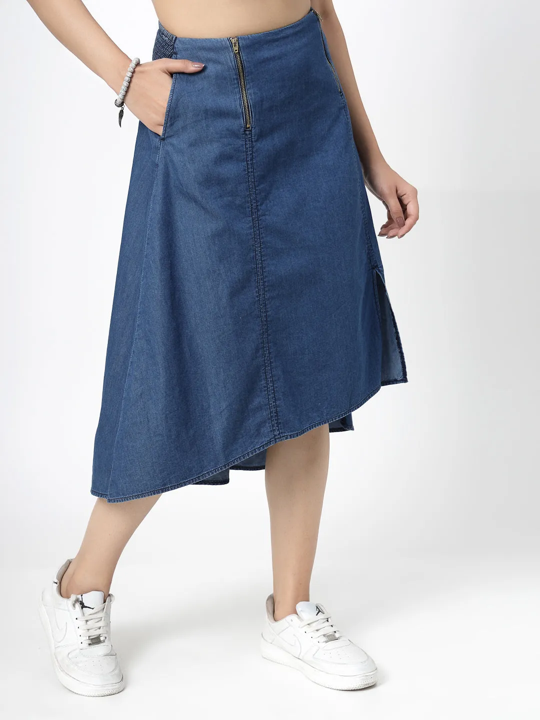 Blue Solid Denim Midi Skirt with Zippers and Waist Smoking