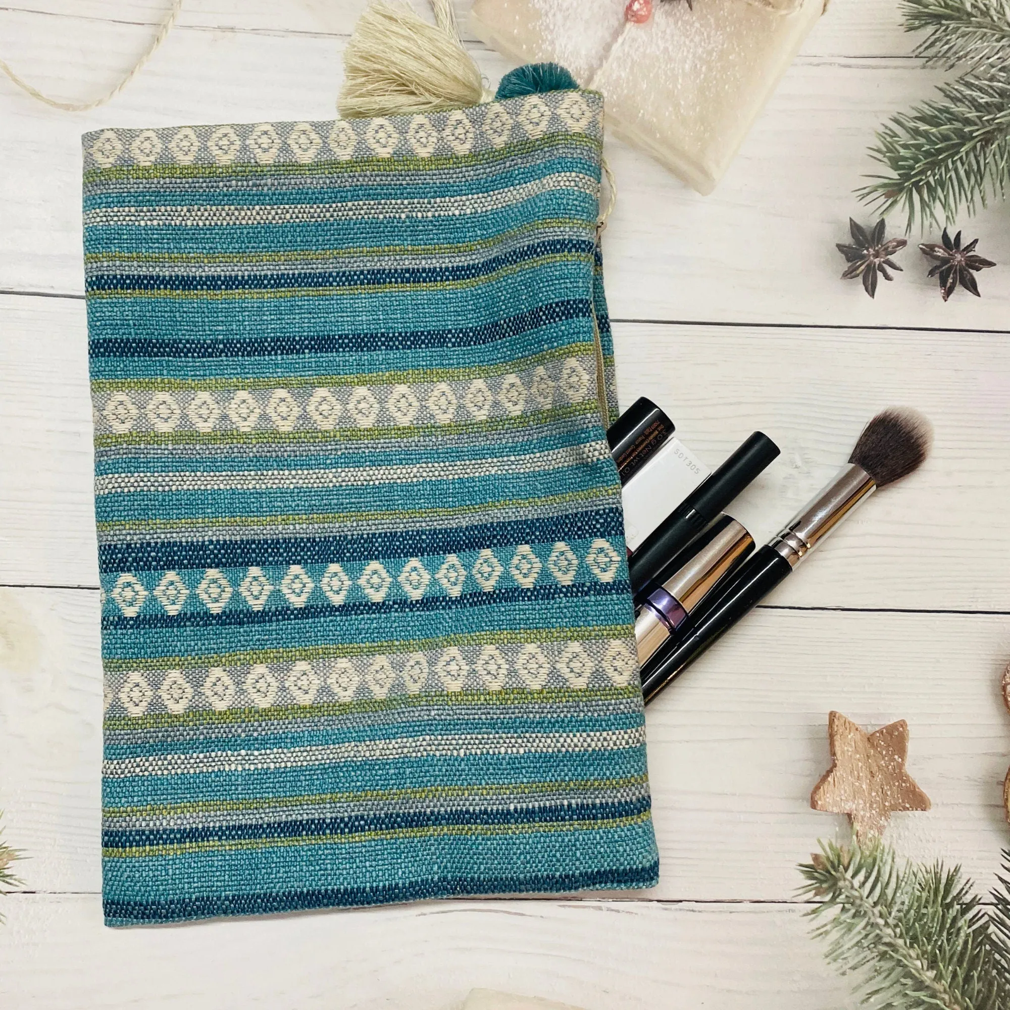 Boho Makeup Bag for Woman, Unique Gift, Linen Bag with Zipper, Blue Cosmetic Bag, Modern Make Up Bag,