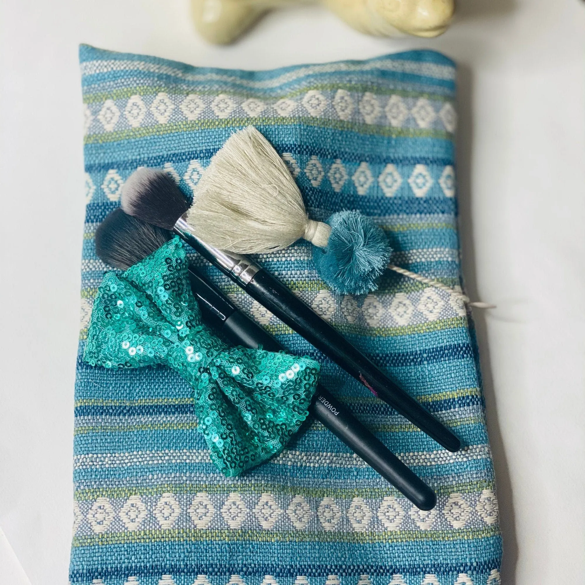 Boho Makeup Bag for Woman, Unique Gift, Linen Bag with Zipper, Blue Cosmetic Bag, Modern Make Up Bag,