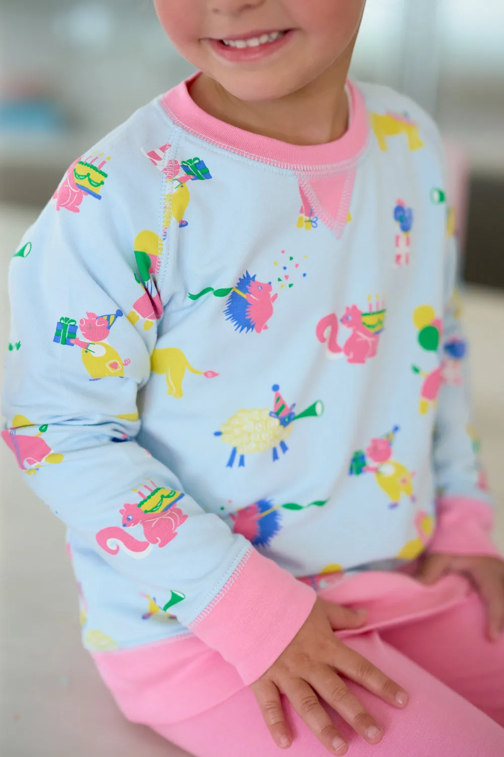 Cassidy Comfy Crewneck - Party on Party Animal with Hamptons Hot Pink