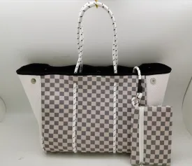 Checkerboard Print Neoprene Tote White Handle