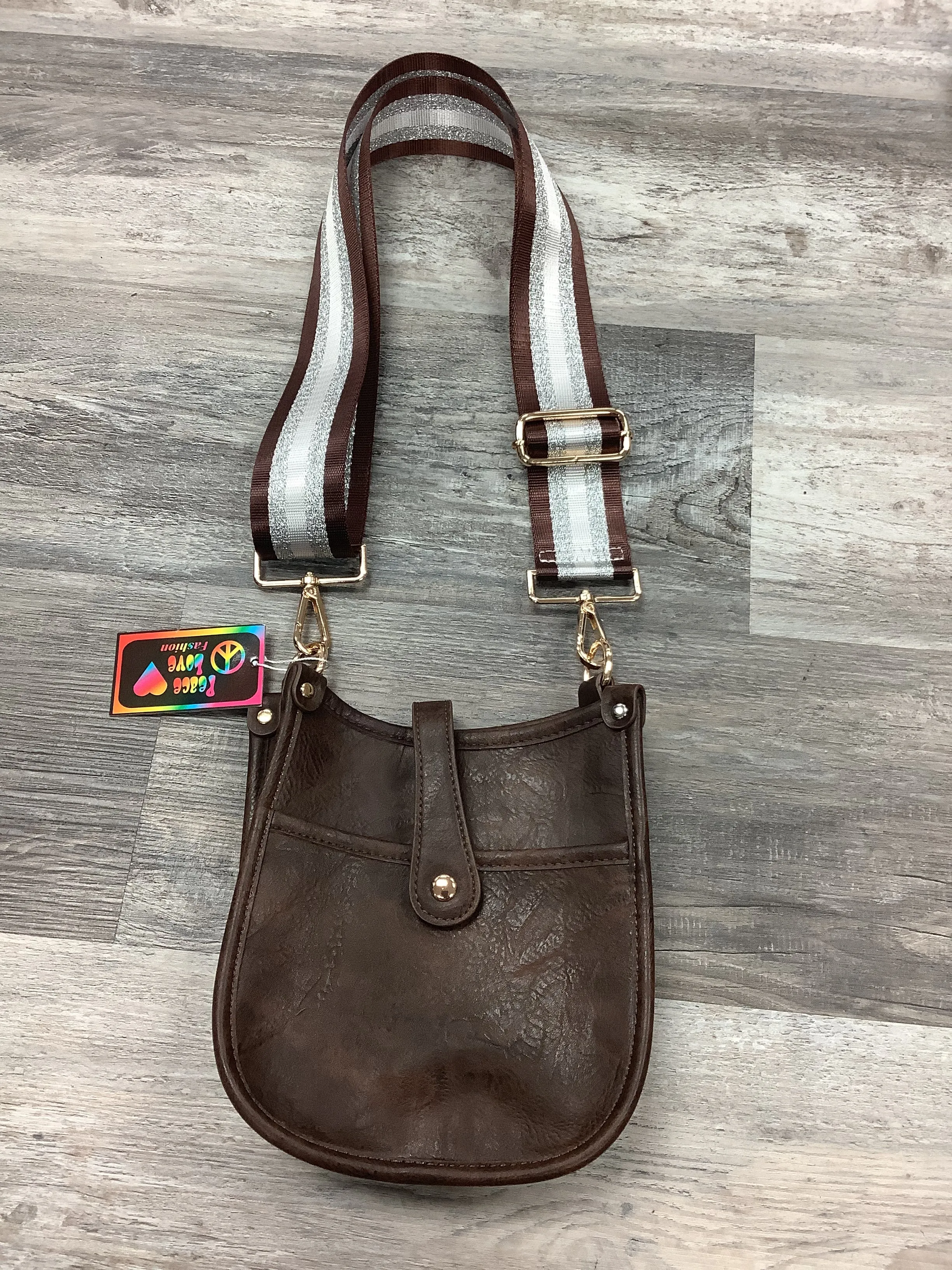 Coffee Mini Distressed Vegan Leather Messenger Bag w/ Adjustable Coffee/Silver/White Stripe Strap