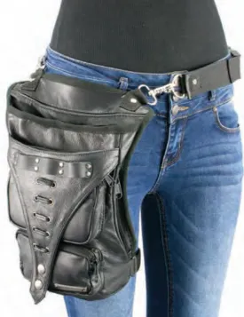 Conceal & Carry Black Leather Thigh Bag W/ Waist Belt