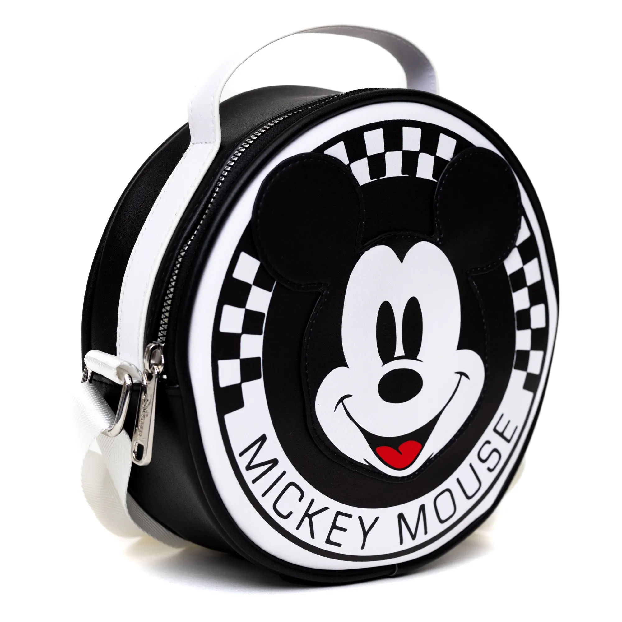 Disney Bag, Cross Body, Round, Mickey Mouse Smiling Face Applique Checker White Black, Vegan Leather