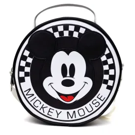 Disney Bag, Cross Body, Round, Mickey Mouse Smiling Face Applique Checker White Black, Vegan Leather