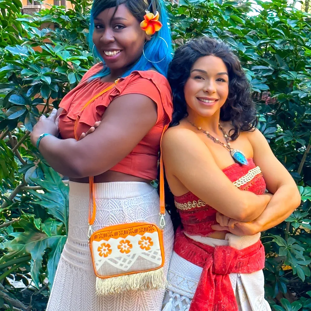 Disney Bag, Horizontal Cross Body, Moana Embroidered Skirt Pattern with Hei Hei and Pua Pose, Raffia Straw by Buckle-Down