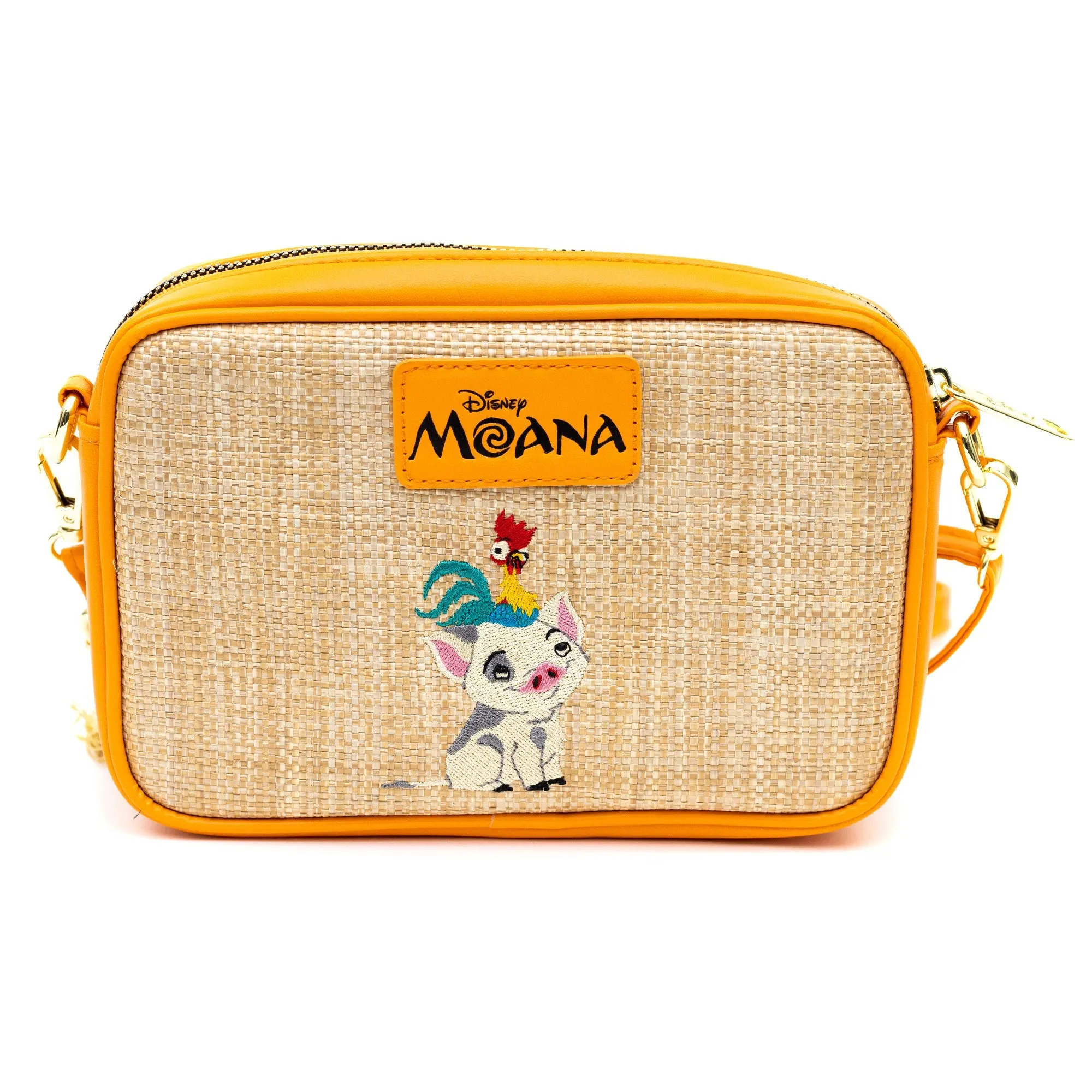 Disney Bag, Horizontal Cross Body, Moana Embroidered Skirt Pattern with Hei Hei and Pua Pose, Raffia Straw by Buckle-Down