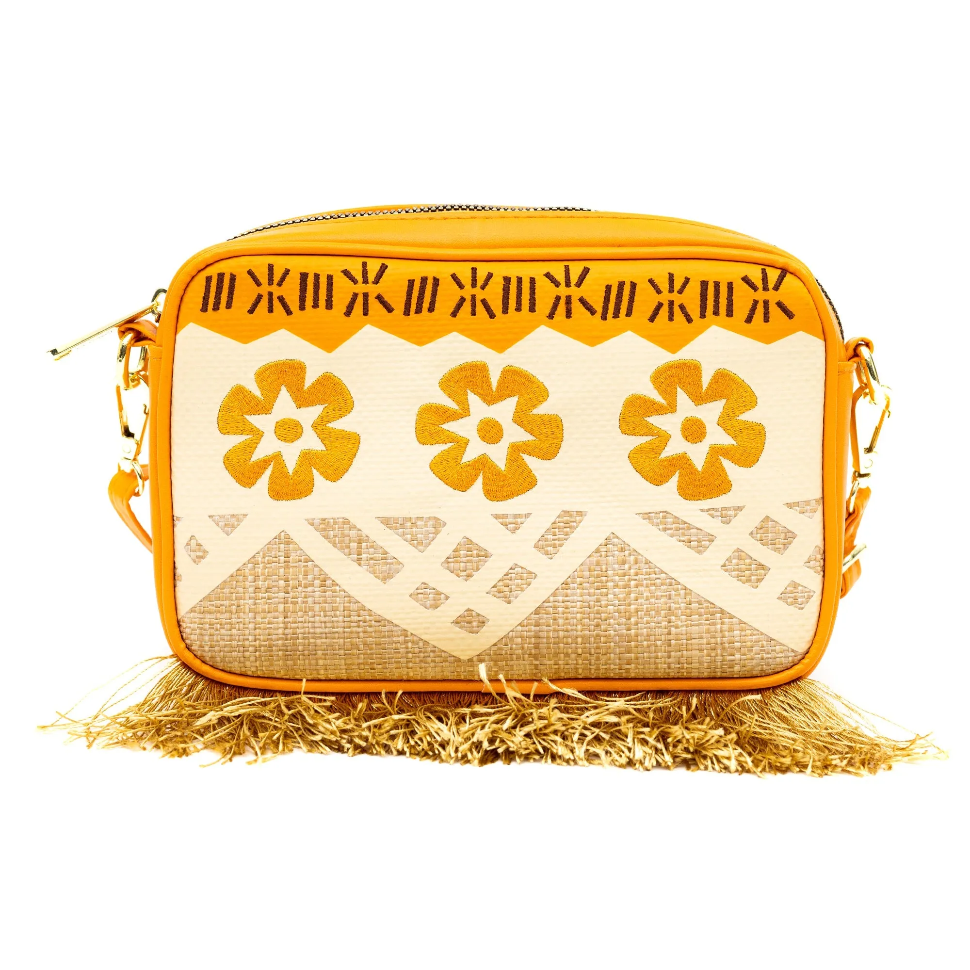 Disney Bag, Horizontal Cross Body, Moana Embroidered Skirt Pattern with Hei Hei and Pua Pose, Raffia Straw by Buckle-Down