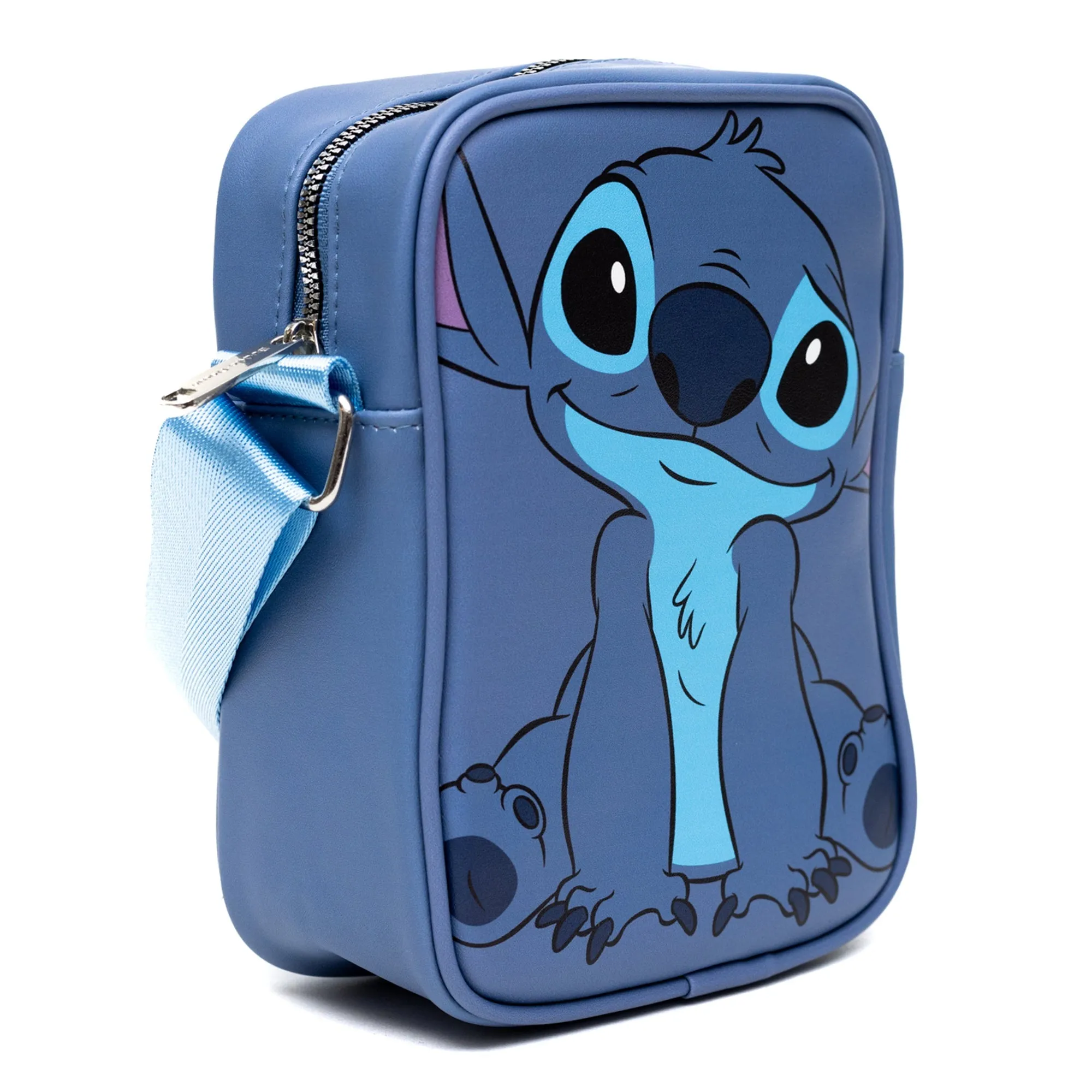 Disney Vegan Leather Cross Body Backpack for Men and Women with Adjustable Strap, Lilo and Stitch Stitch Character Close Up Face and Back, Blue