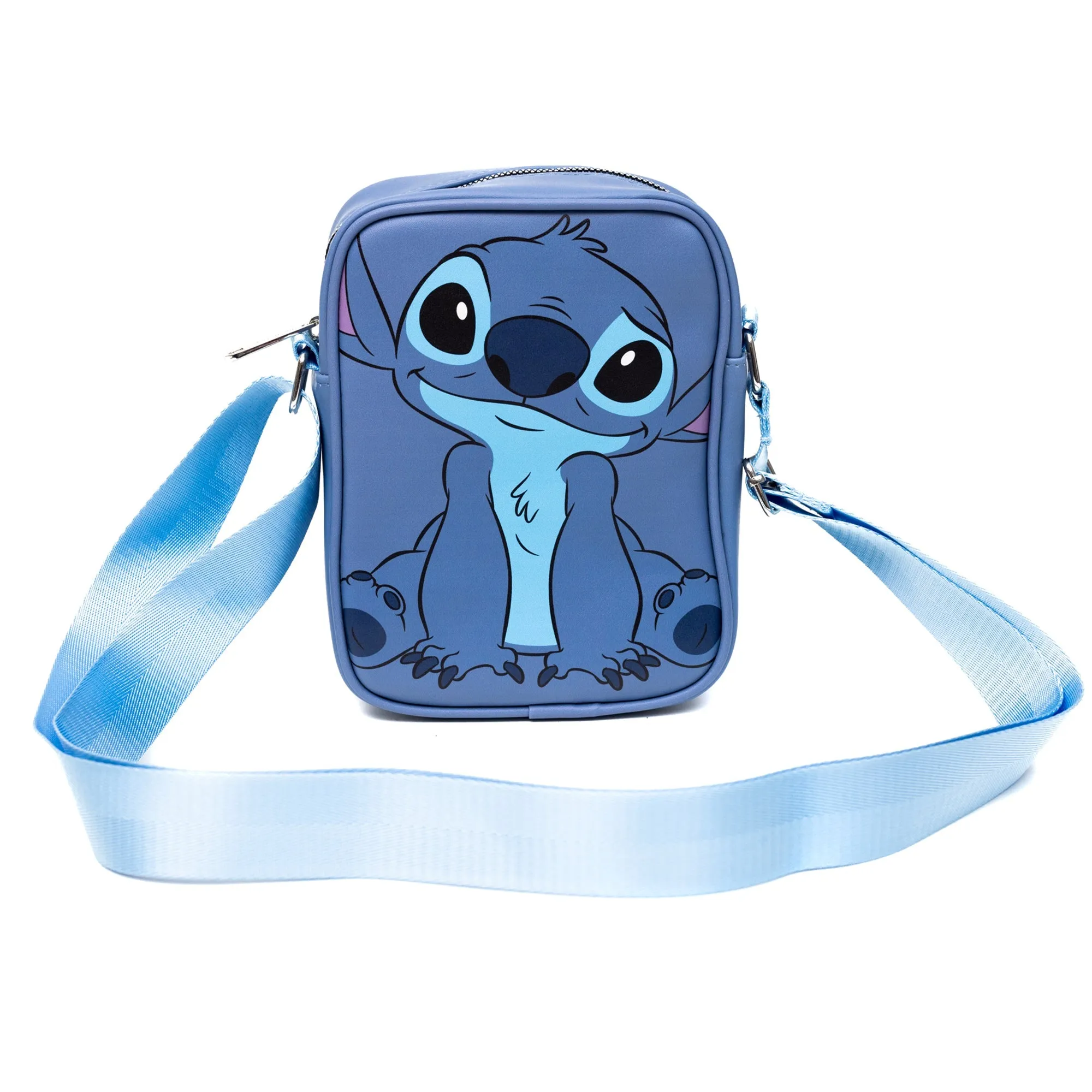 Disney Vegan Leather Cross Body Backpack for Men and Women with Adjustable Strap, Lilo and Stitch Stitch Character Close Up Face and Back, Blue