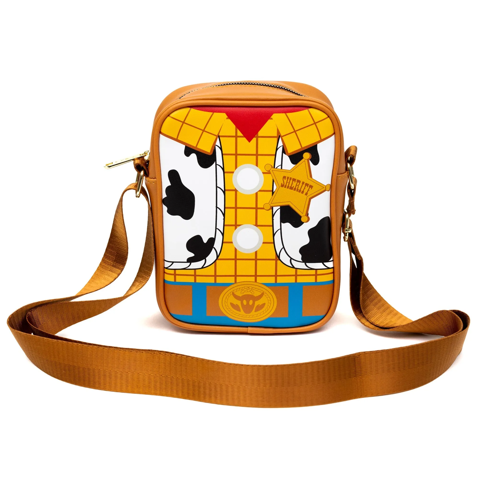 Disney Vegan Leather Cross Body Backpack for Men and Women with Adjustable Strap, Toy Story Woody Doll Chest with Back Close Up Brown