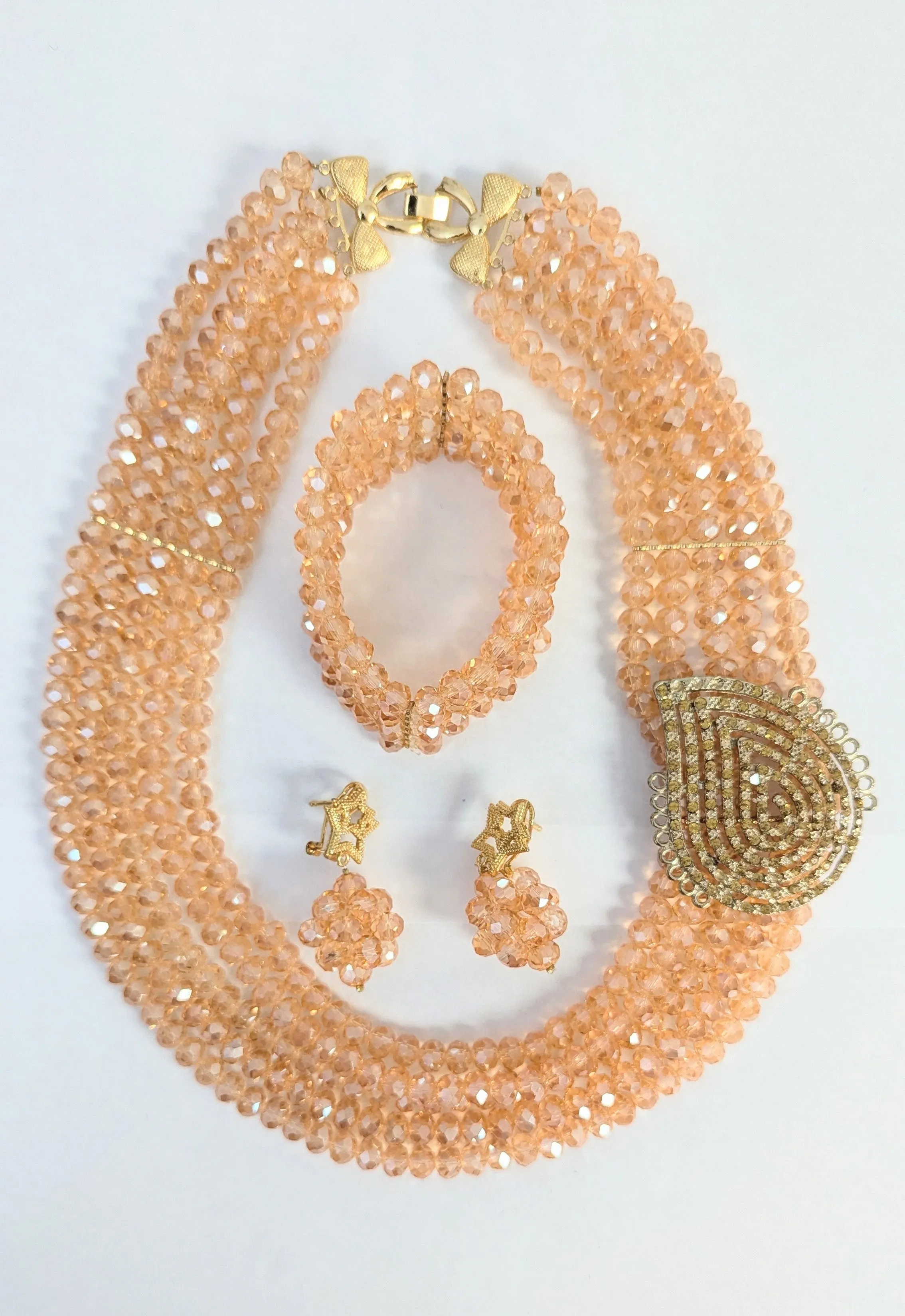 Dupsie's Ifeyinwa Glam" African Peach and Gold Necklace Bracelet Earrings Four-Piece Jewelry Set DPABSPG22