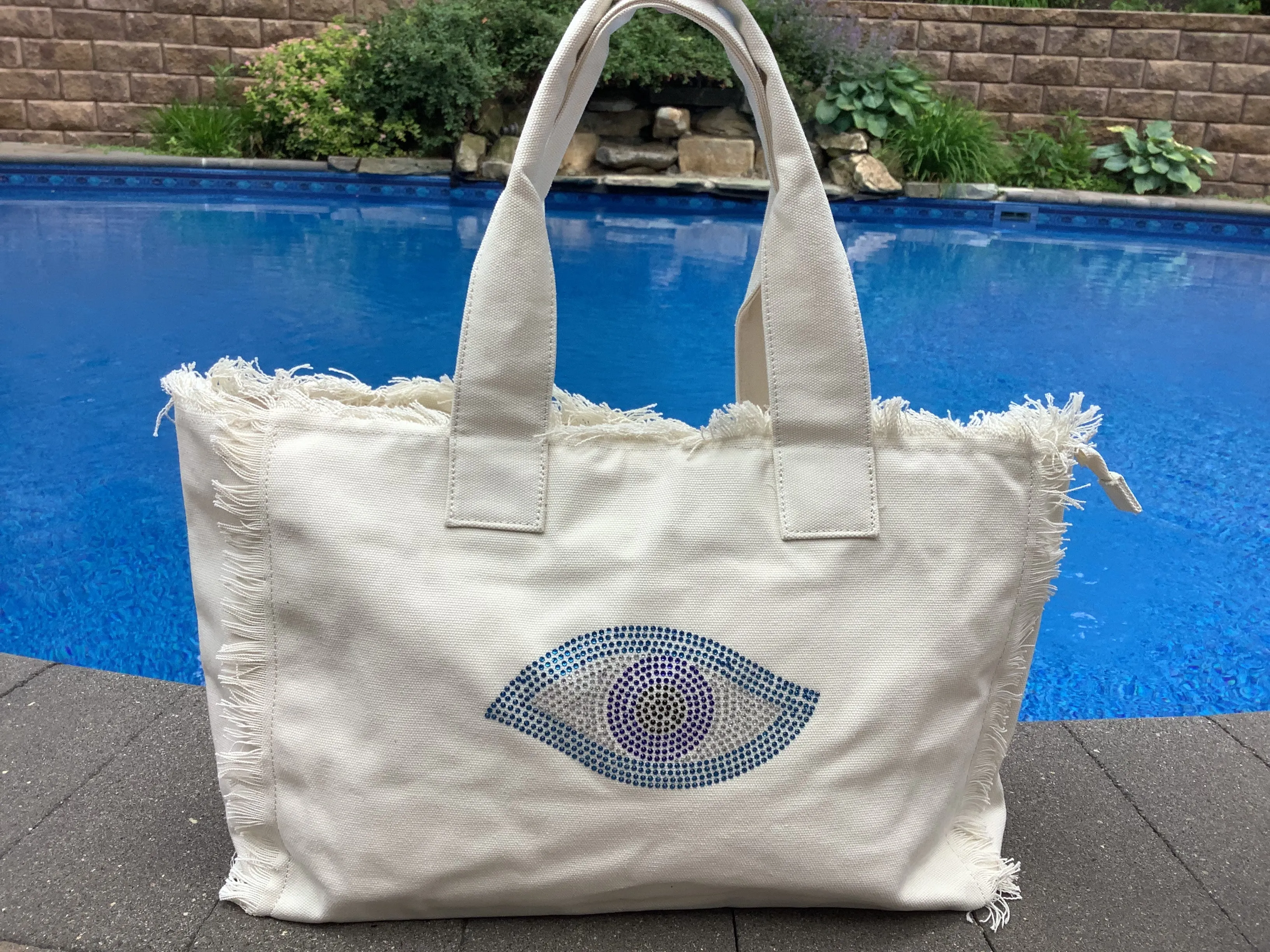 Evil Eye Fringe Canvas Tote -Cream