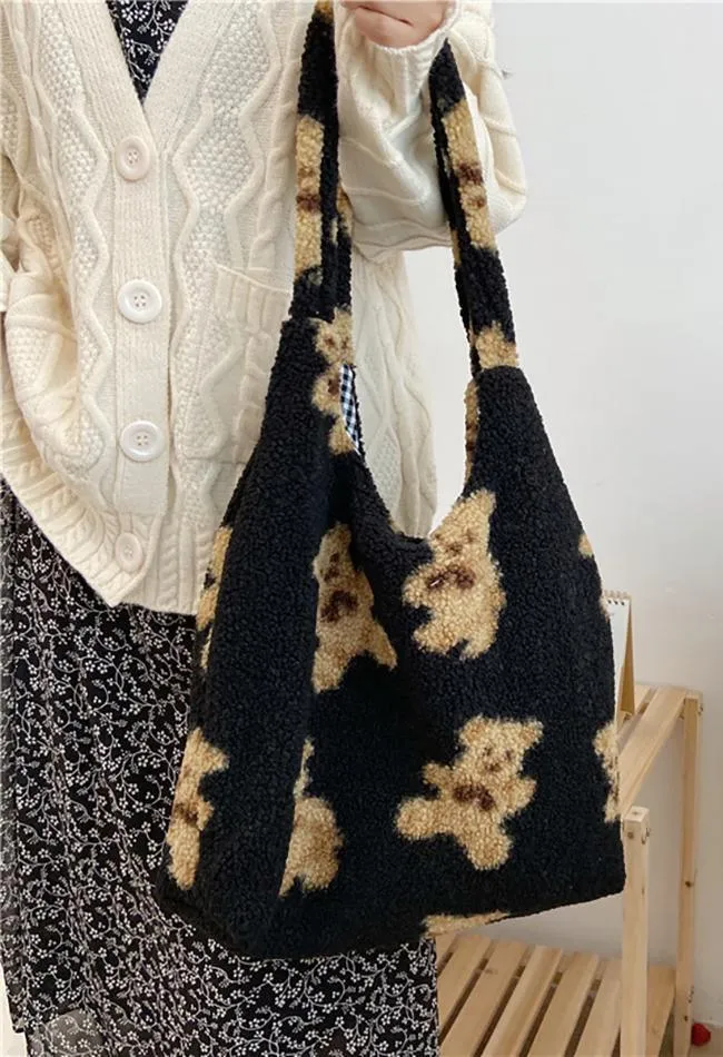 Fuzzy Teddy Bear Reversible Shoulder Bag