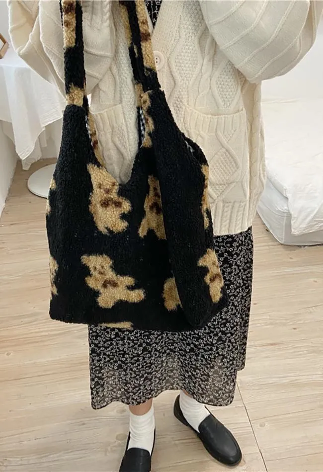 Fuzzy Teddy Bear Reversible Shoulder Bag