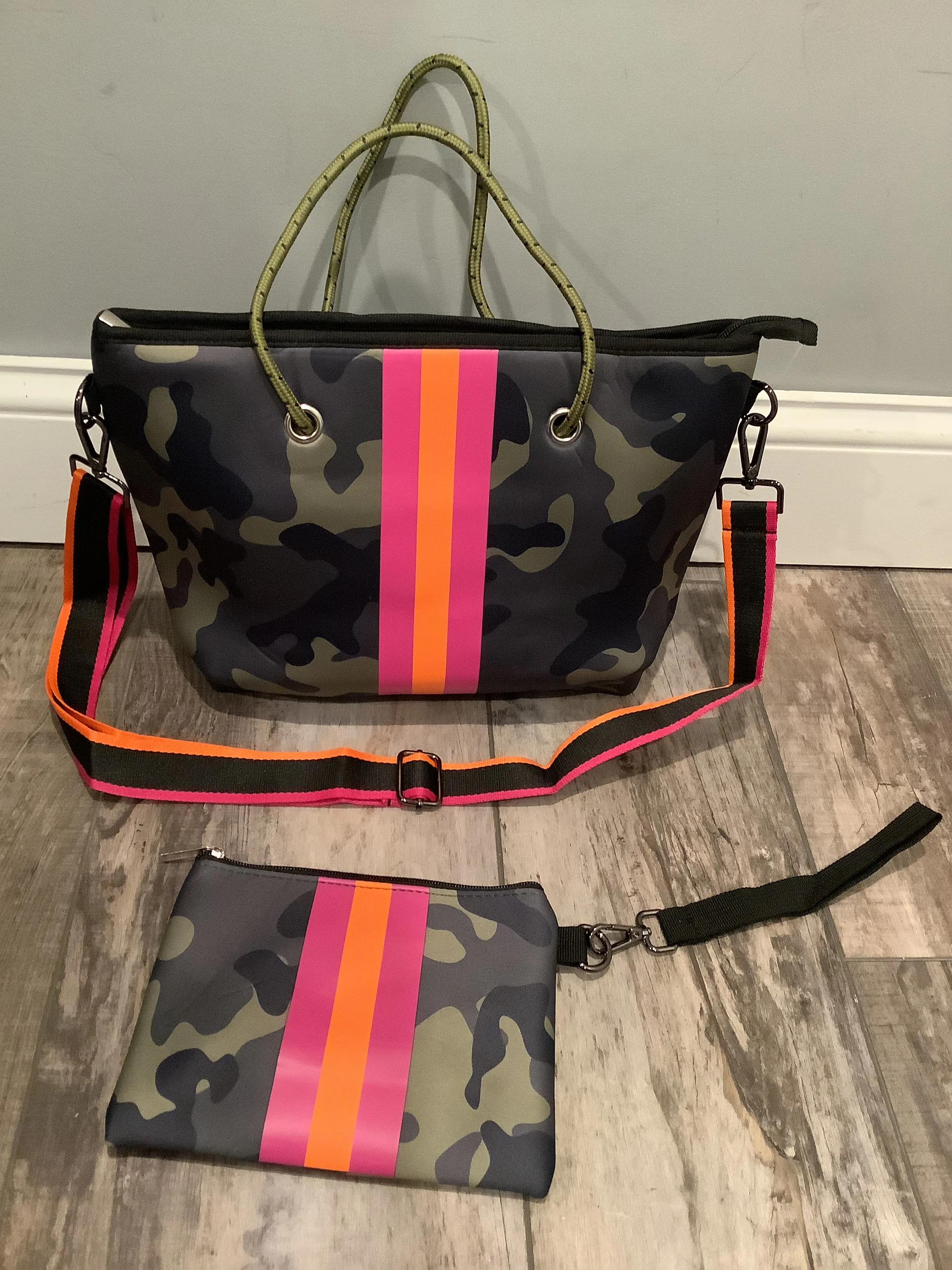 Green Camo w/ Pink & Orange Stripe Mini cross shoulder neoprene bag 💚💗🧡