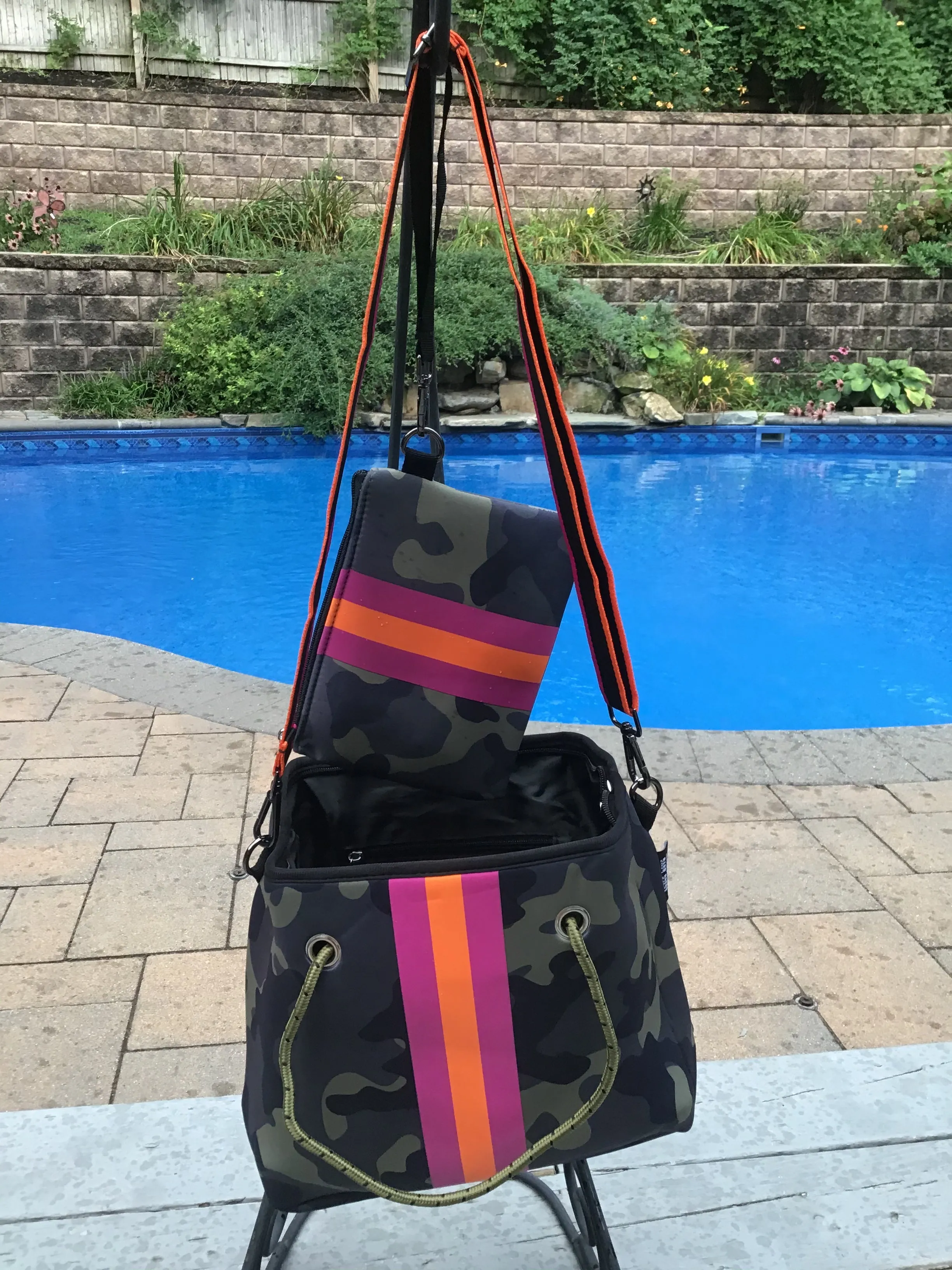 Green Camo w/ Pink & Orange Stripe Mini cross shoulder neoprene bag 💚💗🧡