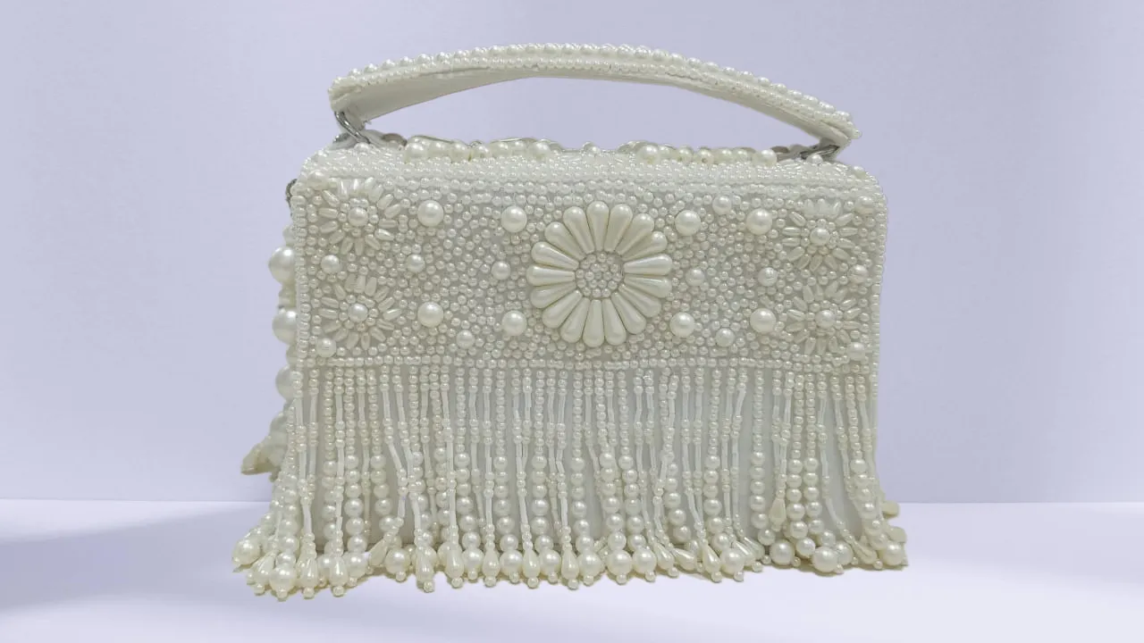 Handmade White Embellished Pearls Purse , Luxury Bridal Clutch