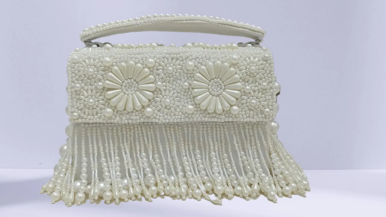 Handmade White Embellished Pearls Purse , Luxury Bridal Clutch