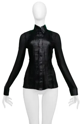 JITROIS BLACK LEATHER AND SHEER TUXEDO SHIRT