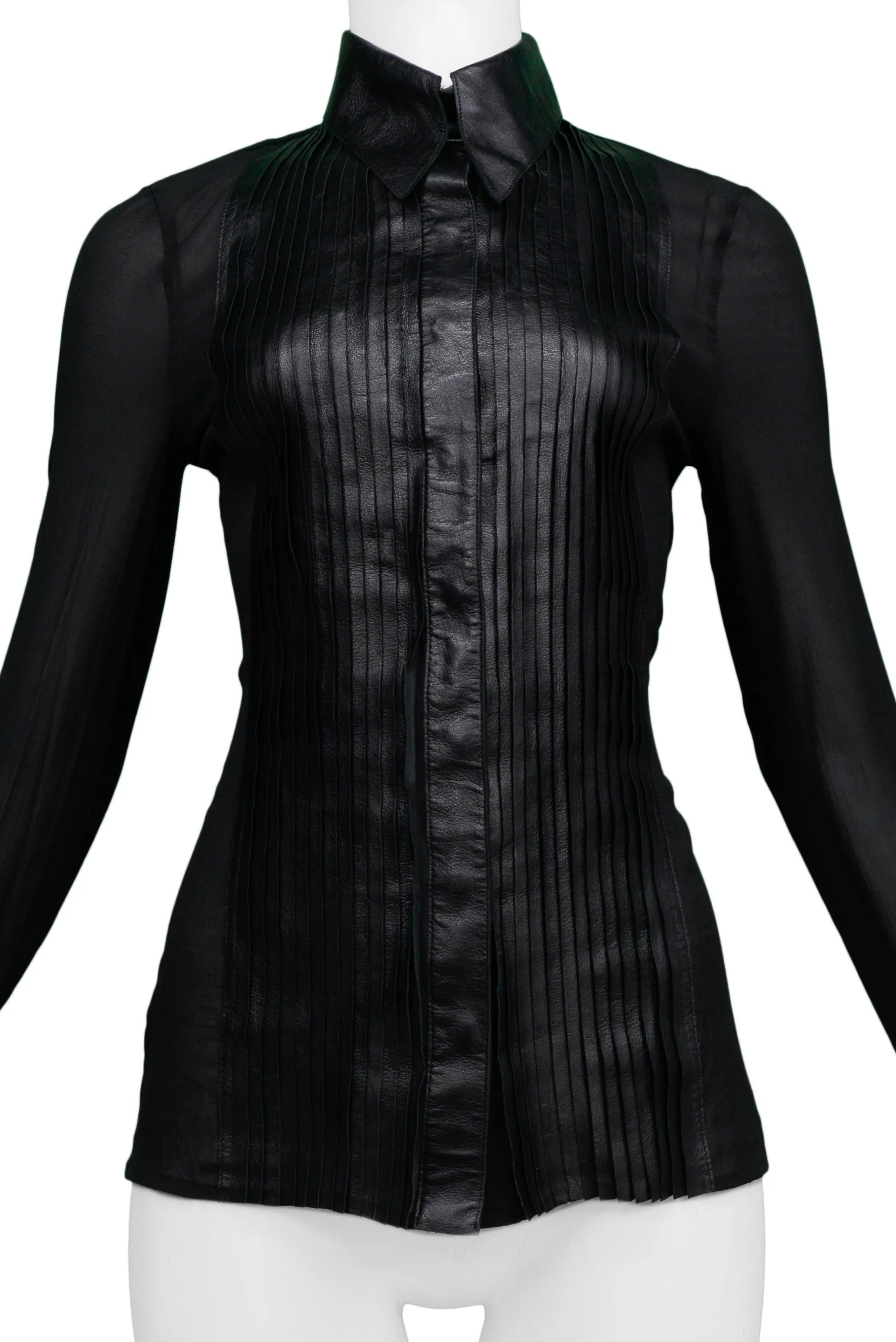 JITROIS BLACK LEATHER AND SHEER TUXEDO SHIRT