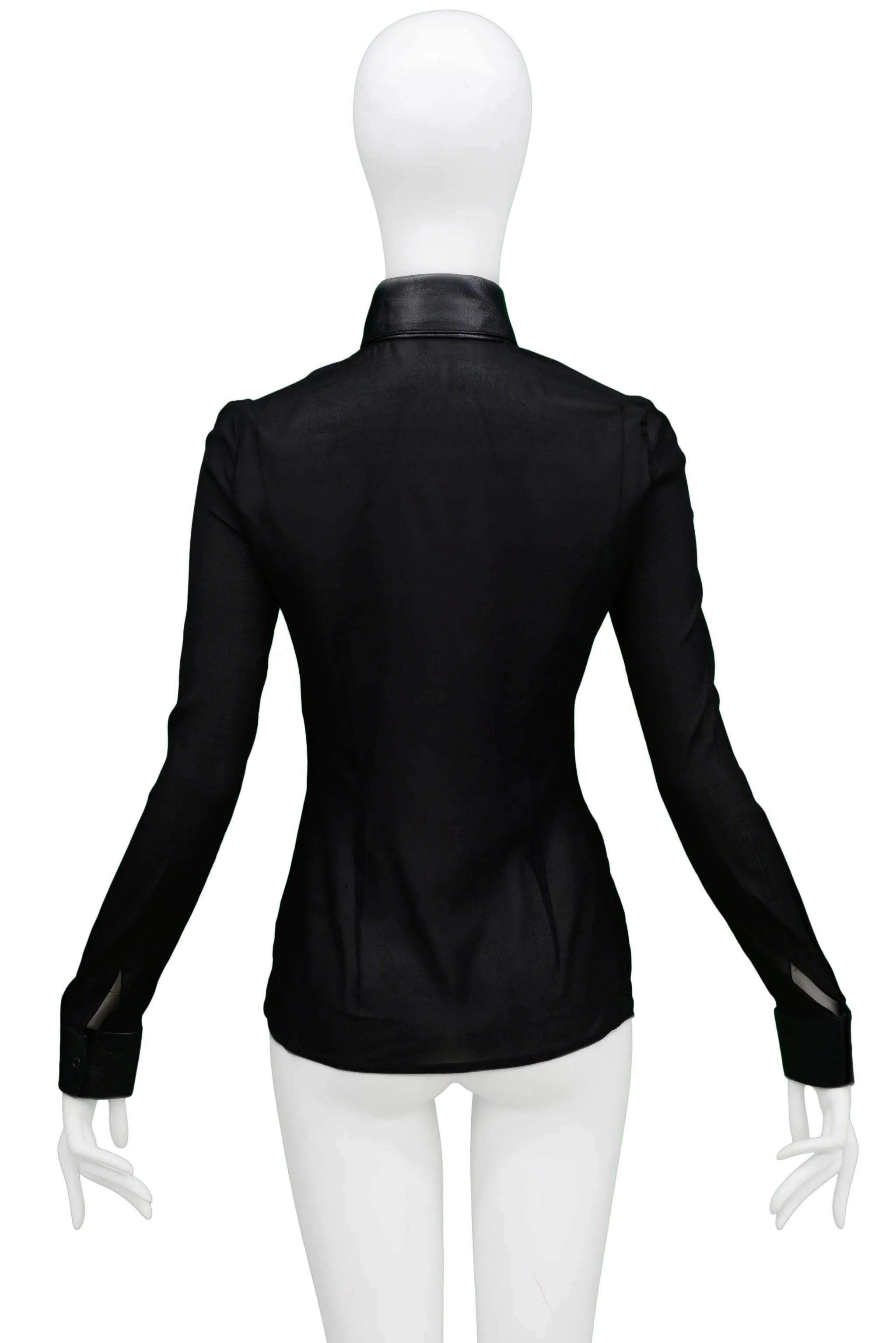 JITROIS BLACK LEATHER AND SHEER TUXEDO SHIRT