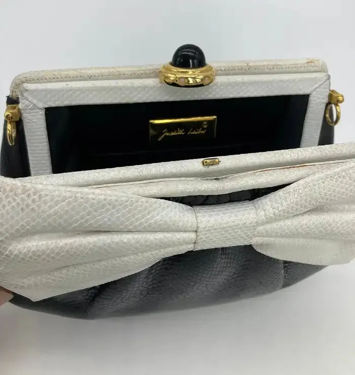 Judith Leiber Black and White Lizard Bow Front Clutch